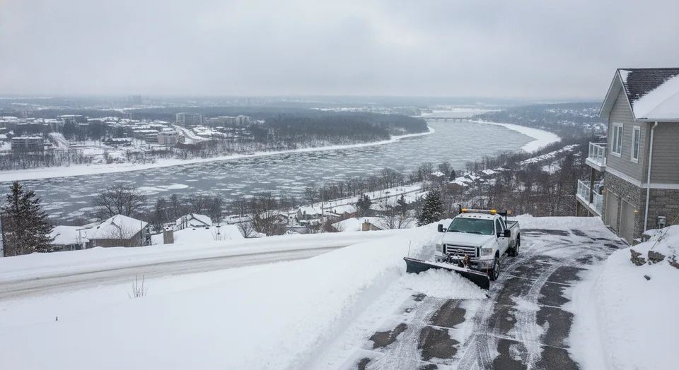A plow truck clearing a sloped residential driveway on a hilly street above the Grand River in Cambridge, Ontario